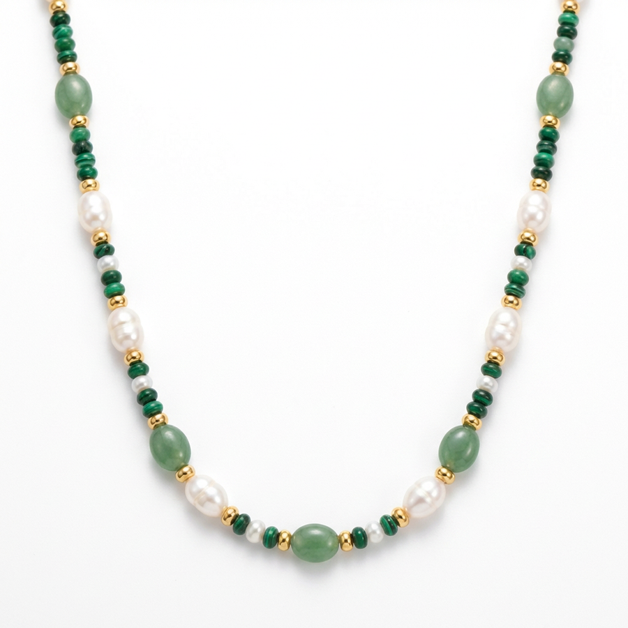 Malachit Green Jade Beads Halskette aus 24K vergoldet Copper
