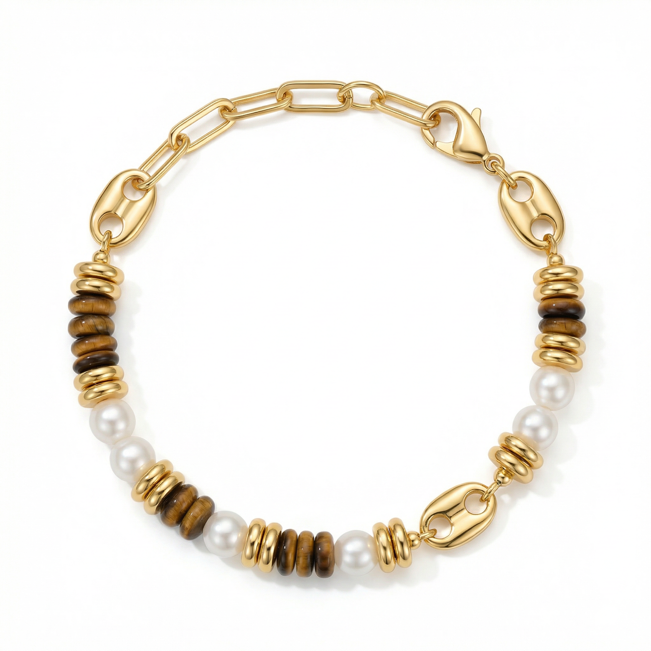 Tigerauge-Armband mit Perlenakzent aus 18K-vergoldetem Kupfer